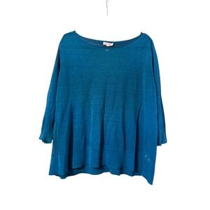 Eileen Fisher Teal Linen blend Knit Drop Shoulder Top XL Sheer 3/4 sleeve
